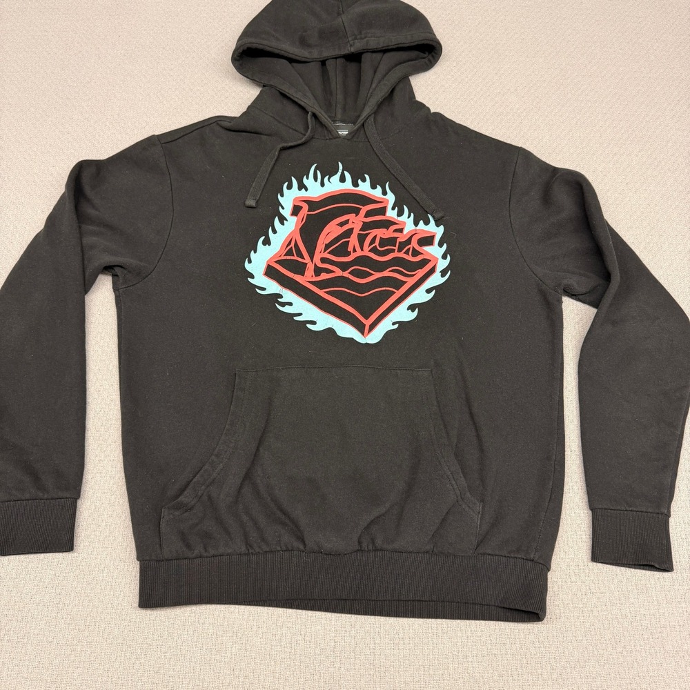 Pink Dolphin Hoodie Mens L Black Puff Print Flames Rose Graphic Fleece Pullover